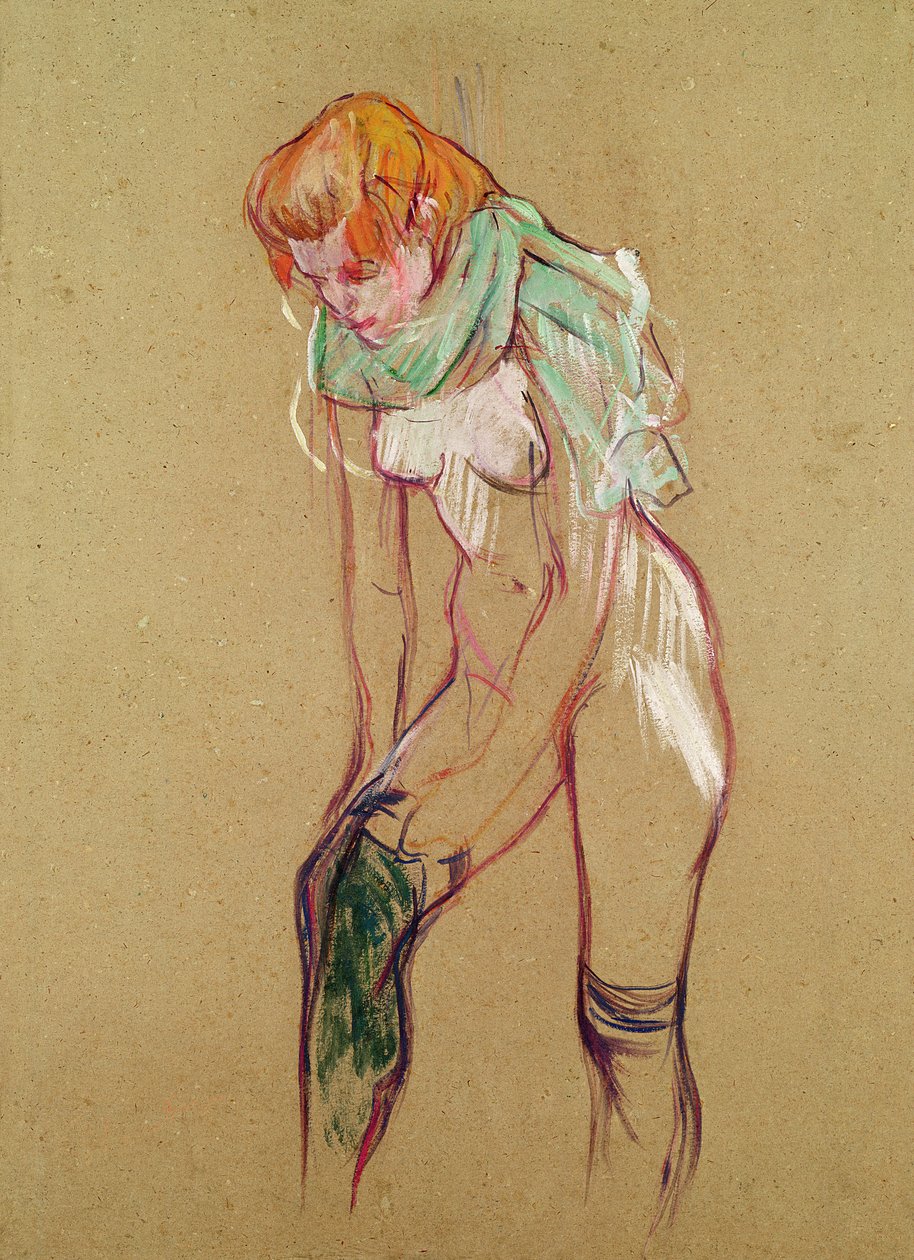 Harisnyát felhúzó nő, 1894 (olaj, kártya) alkotó: Henri de Toulouse Lautrec