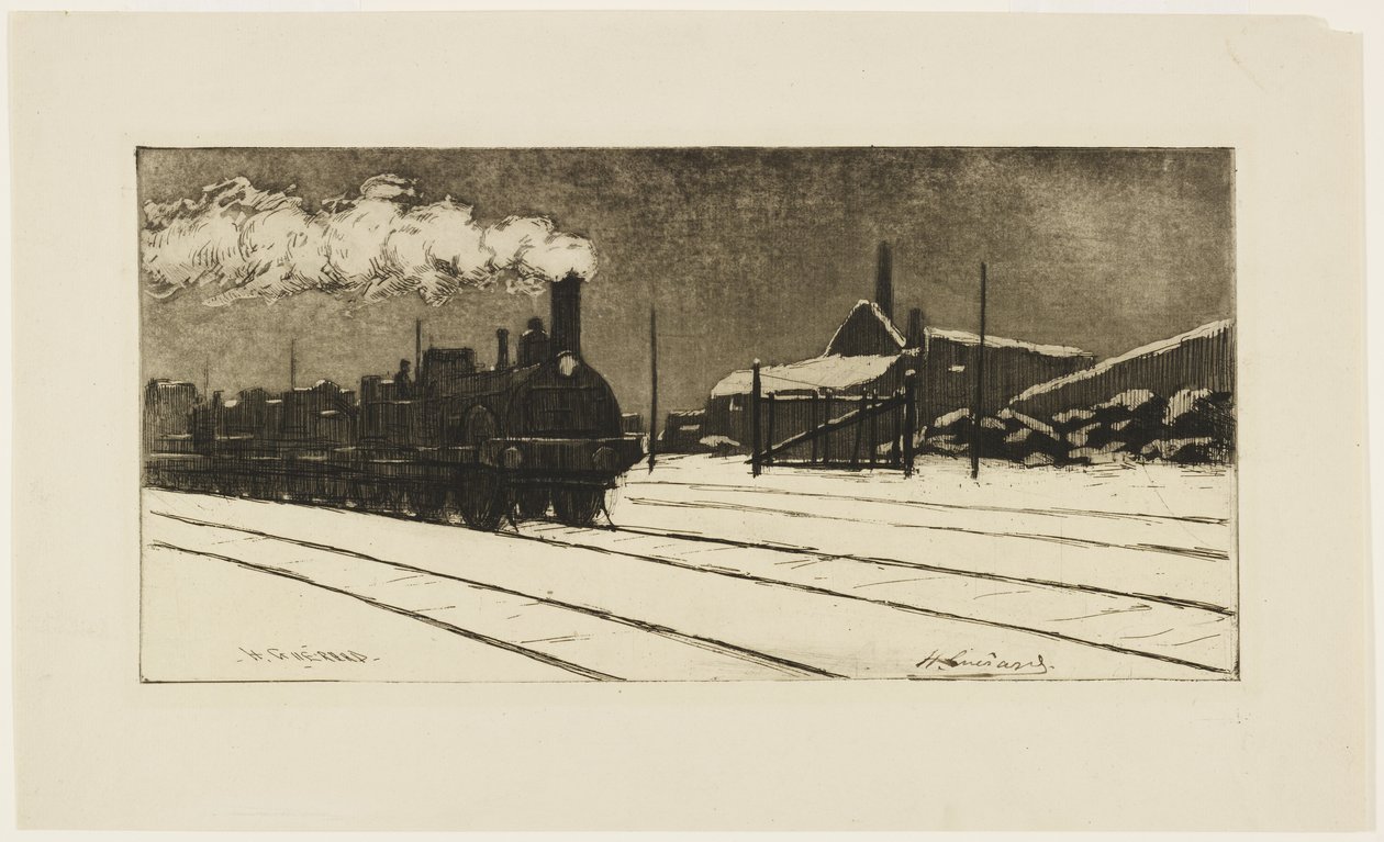 Mozdony, hóhatás, 1888 körül (metszet és akvatinta) alkotó: Henri Charles Guérard