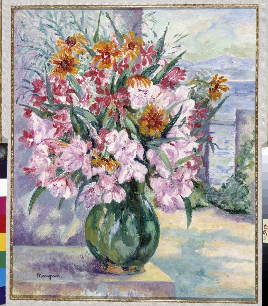 Virágváza a teraszon a tenger előtt 1941 (festmény) alkotó: Henri Charles Manguin