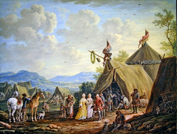 Látogatás egy katonai táborban (guache papíron) alkotó: Henri Desire van Blarenberghe