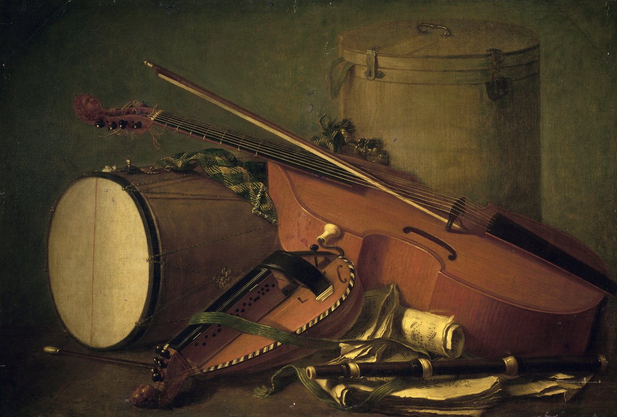 Hangszerek, dob, hegedű, fuvola és hurdy-gurdy, Henri Horace Roland de la Porte (1724-1793). Franciaország alkotó: Henri Horace Roland Delaporte