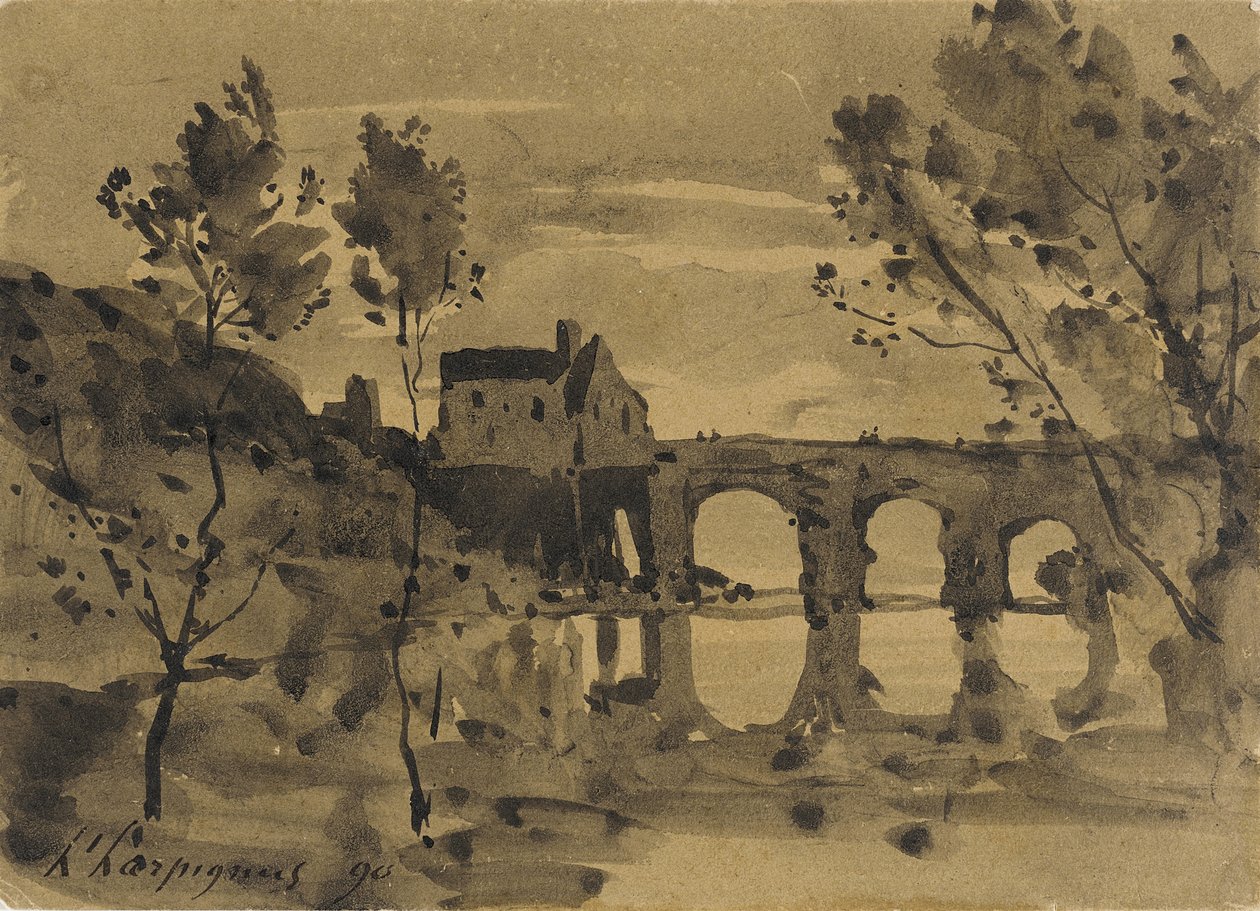 Folyóparti táj híddal és házzal alkotó: Henri-Joseph Harpignies