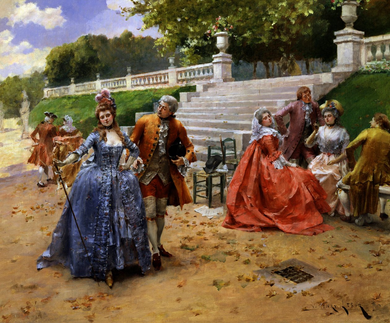 Délutáni séta. Délutáni séta. Beszélgetés és fiatalok beszélgetése. Henri-Victor Lesur festménye (Henri Victor Lesur alkotó: Henri-Victor Lesur