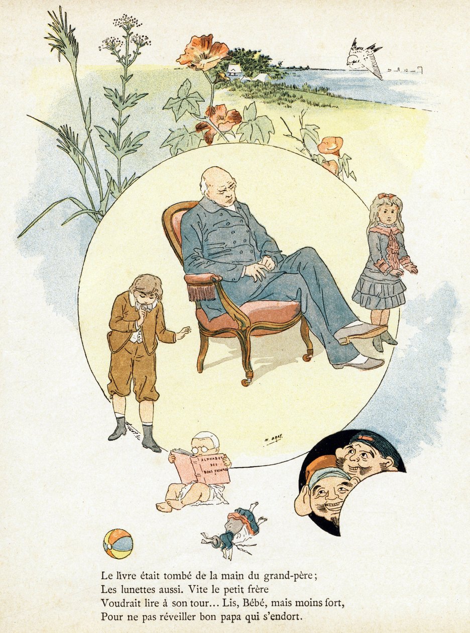 Metszet "Alphabet des bons exemples". Jules Levy, szerkesztő. Illusztrációi: Henri Boulanger, más néven Henri Gray. P. Boulangerné szövegei. Metszet és nyomtatás Ch. Gillot, 79 rue Madame, Párizs. 1890 körül. Minden egyes képen megtalálja a jeles védjegyet alkotó: Henri  Gray