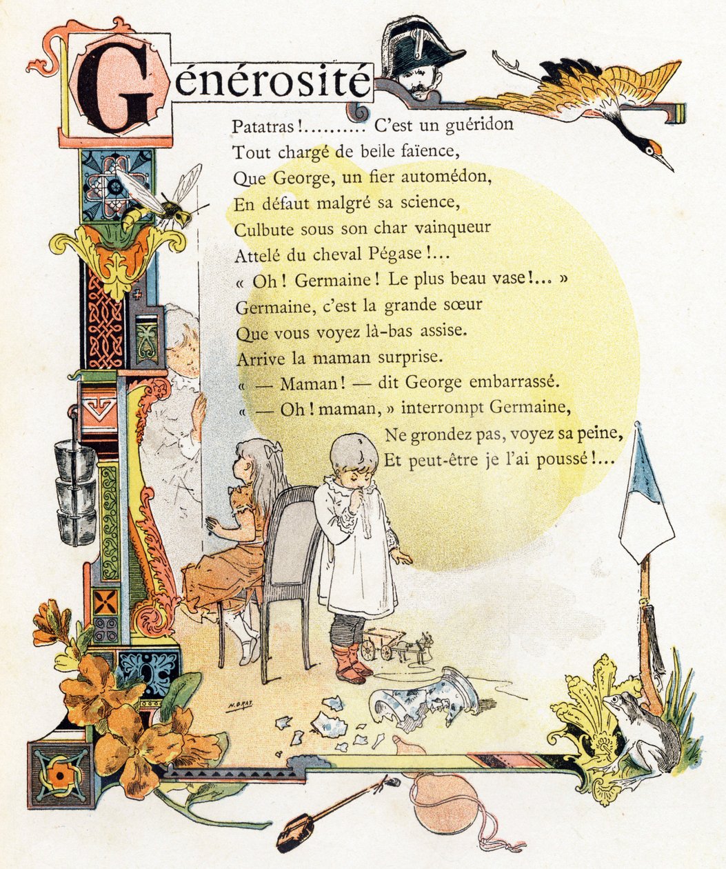 G betű Generosite - Gendarme Grue Guepe Godets Giroflee Gourde Grenouille - Metszet az "Alphabet des bons exemples" kötetben - Jules Levy, editeur - Illustrations de Henri Boulanger, alias Henri Gray (1858-1924). Mme P. Boulanger szövegei (versek) - metsze alkotó: Henri (1858 1924) Gray
