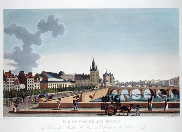 Kilátás a virágpiacra a Palais de Justice mellett, 1816-20 körül (színes metszet) alkotó: Henri (after) Courvoisier Voisin