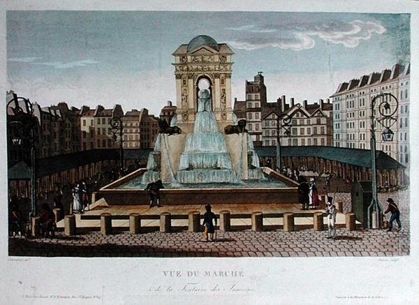 A Marche des Innocents látképe, Eugene Dubois metszete, 1815-20 körül (színes metszet) alkotó: Henri (after) Courvoisier Voisin