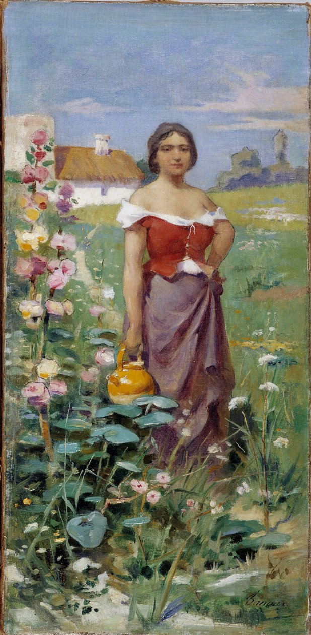 Camargaise egy kancsó Fiatal nő cigányba öltözve a mezőn. Adrien Henri Tanoux (1865-1923) festménye 20. század Kötelező említés: Collection fondation regards de Provence, Marseille alkotó: Henri Adrien Tanoux