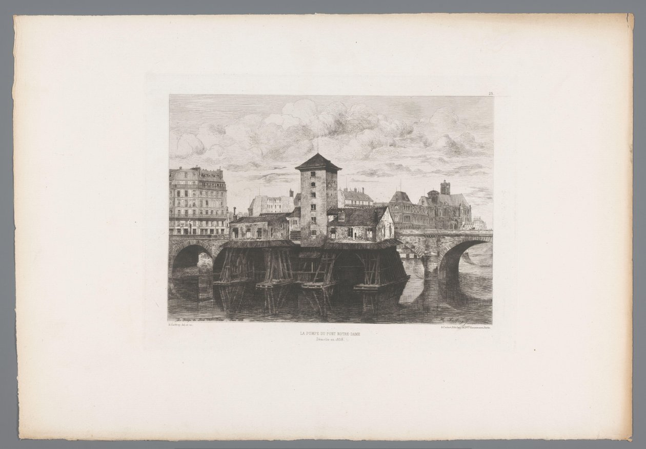 Gezicht op de Pont Notre-Dame A Pont Notre-Dame szivattyú (cím az objektumon) France etsen uit 1875 (sorozat címe) Rézkarc 1875-ben (sorozat címe) alkotó: Henri Alexandre Saffrey