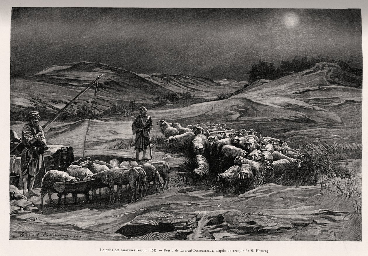 A trailer jól. Laurent Desrousseaux metszete az „A travers la Perse meridionale” című történet illusztrálására, C.Babin és F.Houssay 1885-ben, a Le tour du Monde 1892-ben, rendező: Edouard Charton (1807-1891), Hachette, Párizs. alkotó: Henri Alphonse Louis Laurent Desrousseaux