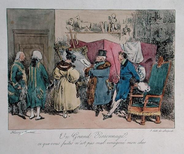 Egy híres személy: „Amit csinálsz, az nem olyan rosszul ábrázolva, kedvesem”, rajzfilm a „Vues de Paris, esquisses morales et philosophiques”-hez, metszett: Francois Seraphin Delpech (1778-1825) (színes litó) alkotó: Henri Bonaventure (after) Monnier