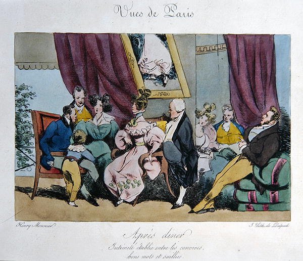 A vendégek viselkedésének és beszélgetésének humoros ábrázolása vacsora után, rajzfilm a „Vues de Paris, esquisses morales et philosophiques” számára, metszett: Francois Seraphin Delpech (1778-1825) (színes litó) alkotó: Henri Bonaventure (after) Monnier