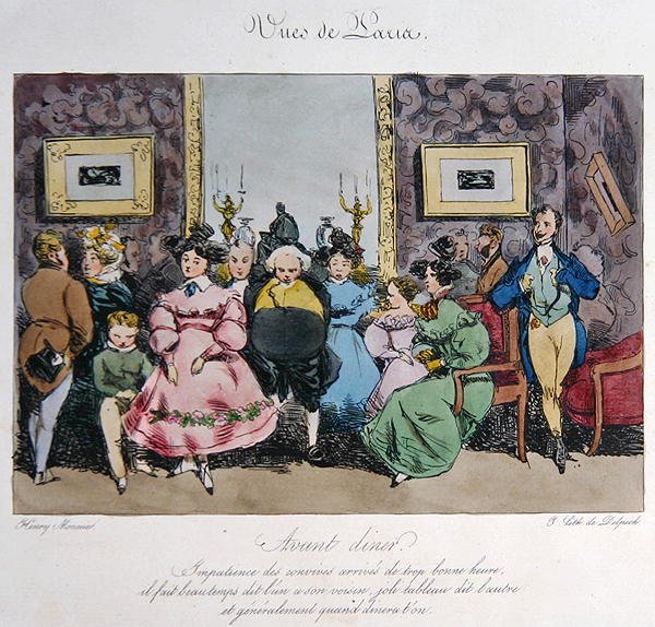 A vendégek vacsora előtti viselkedésének és beszélgetésének humoros ábrázolása, Francois Seraphin Delpech (1778-1825) metszete (színes litó) alkotó: Henri Bonaventure (after) Monnier