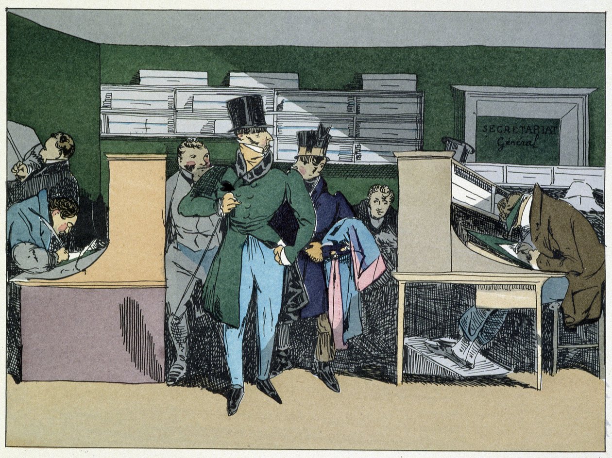 12:00: Osztályvezető úr érkezése, kötelező munka – Henri Monnier „Adminisztrációs erkölcsökben” alkotó: Henri Bonaventure Monnier