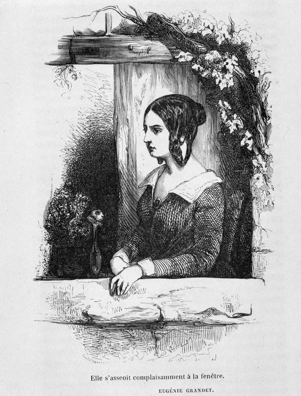 Eugénie Grandet az ablakában – Balzac „” Eugénie Grandet” című művében, ill. Henri Monnier, 1843-as eredeti kiadás alkotó: Henri Bonaventure Monnier