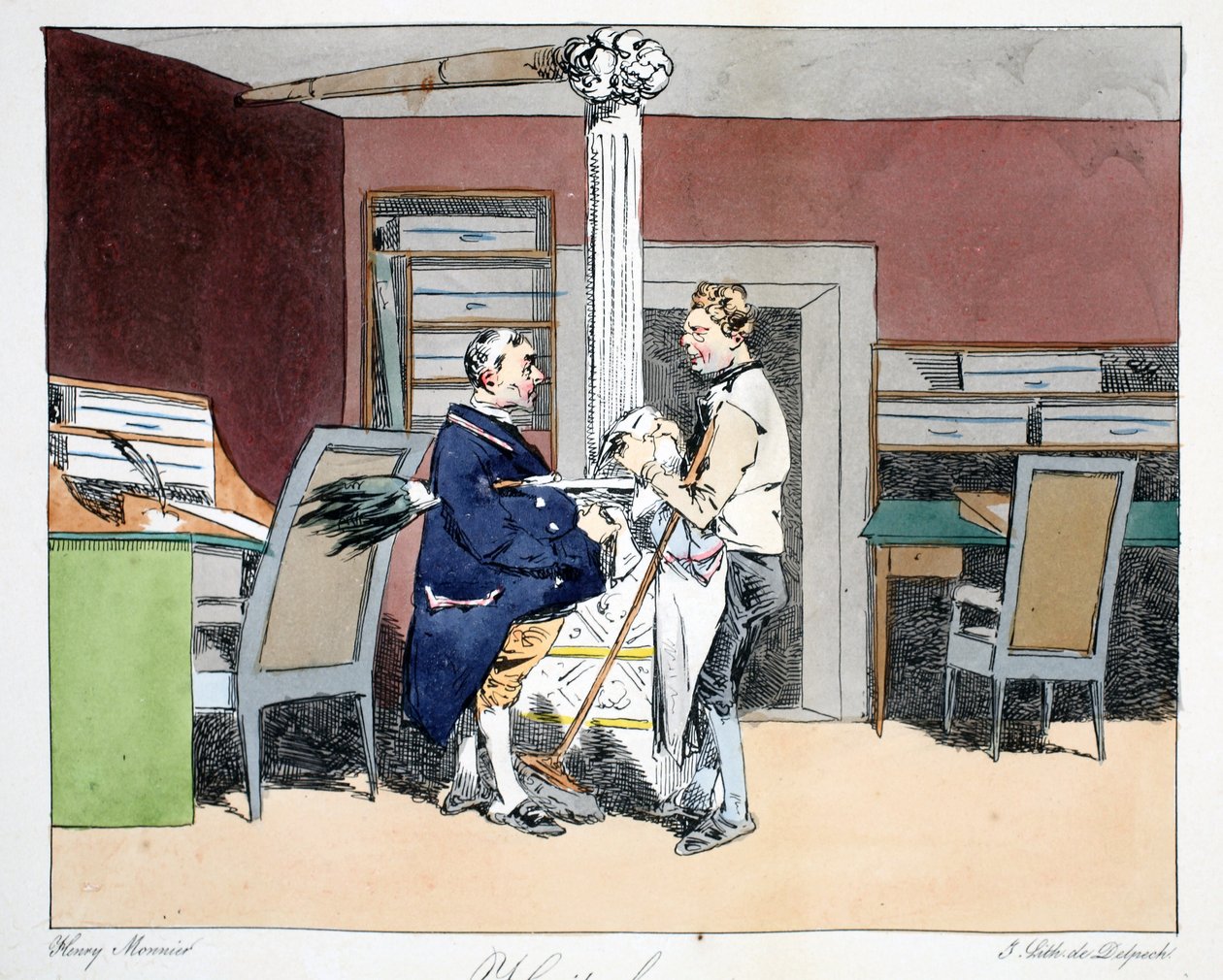 Nyolc óra, illusztráció Henri Monnier „Mores Administratives, Dessinées szerint természet szerint”, litográfiája: Delpech, pub. Párizs, 1828 körül (kézzel színezett litó) alkotó: Henri Bonaventure Monnier