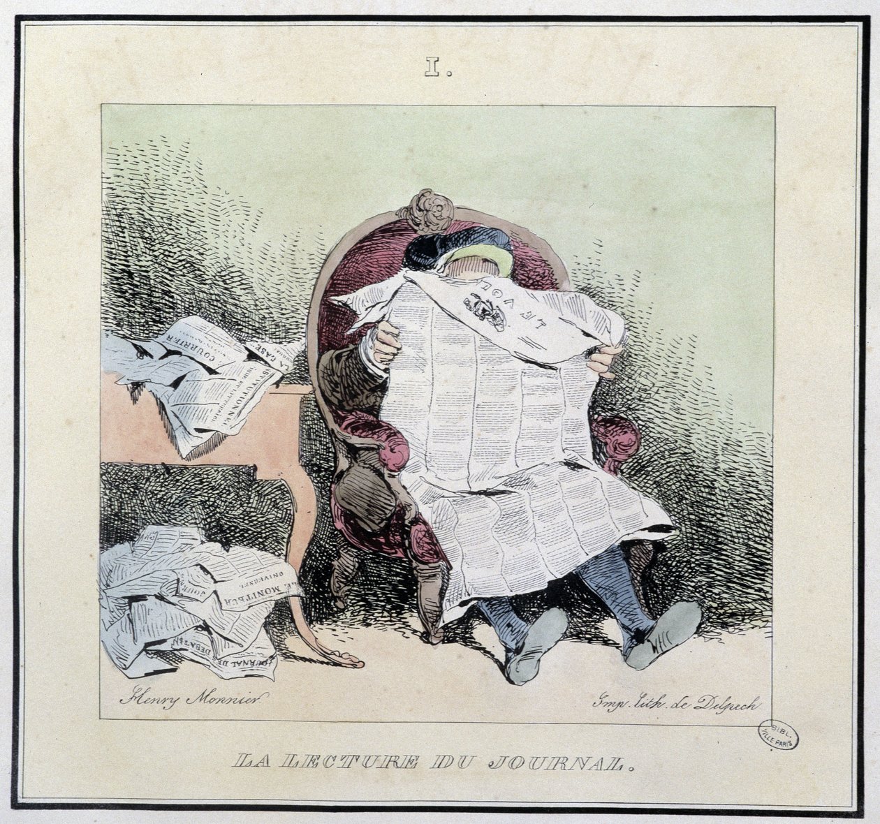 Újság olvasása – Henri Monnier „” párizsi vázlataiban”, szerk. Delpech, Párizs alkotó: Henri Bonaventure Monnier