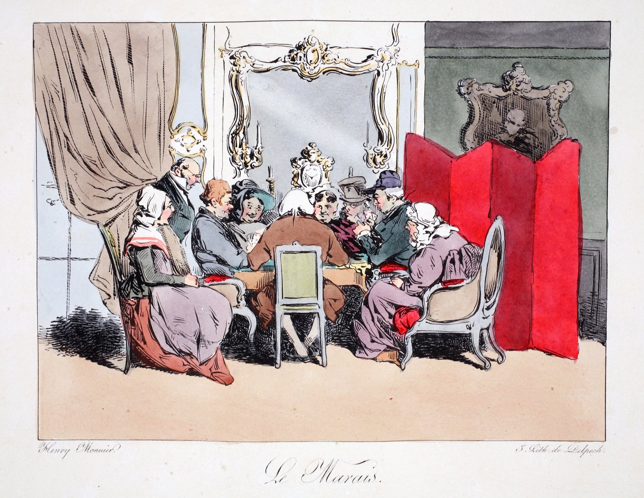 Le Marais, illusztráció Henri Monnier "Six Quartiers de Paris" című művéből, litografálta F.S. Delpech, pub. Párizs, 1828 körül (kézzel színezett litográfia). alkotó: Henri Bonaventure Monnier