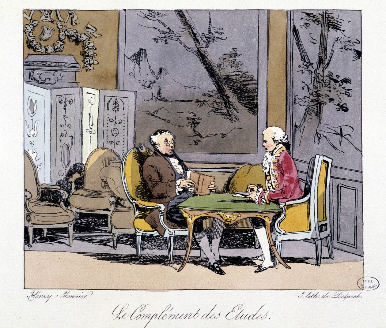 A tanulmányok kiegészítése: két férfi beszélget egy nappaliban - Henri Monnier „Régebben és ma” című kötetében, szerk. Delpech alkotó: Henri Bonaventure Monnier