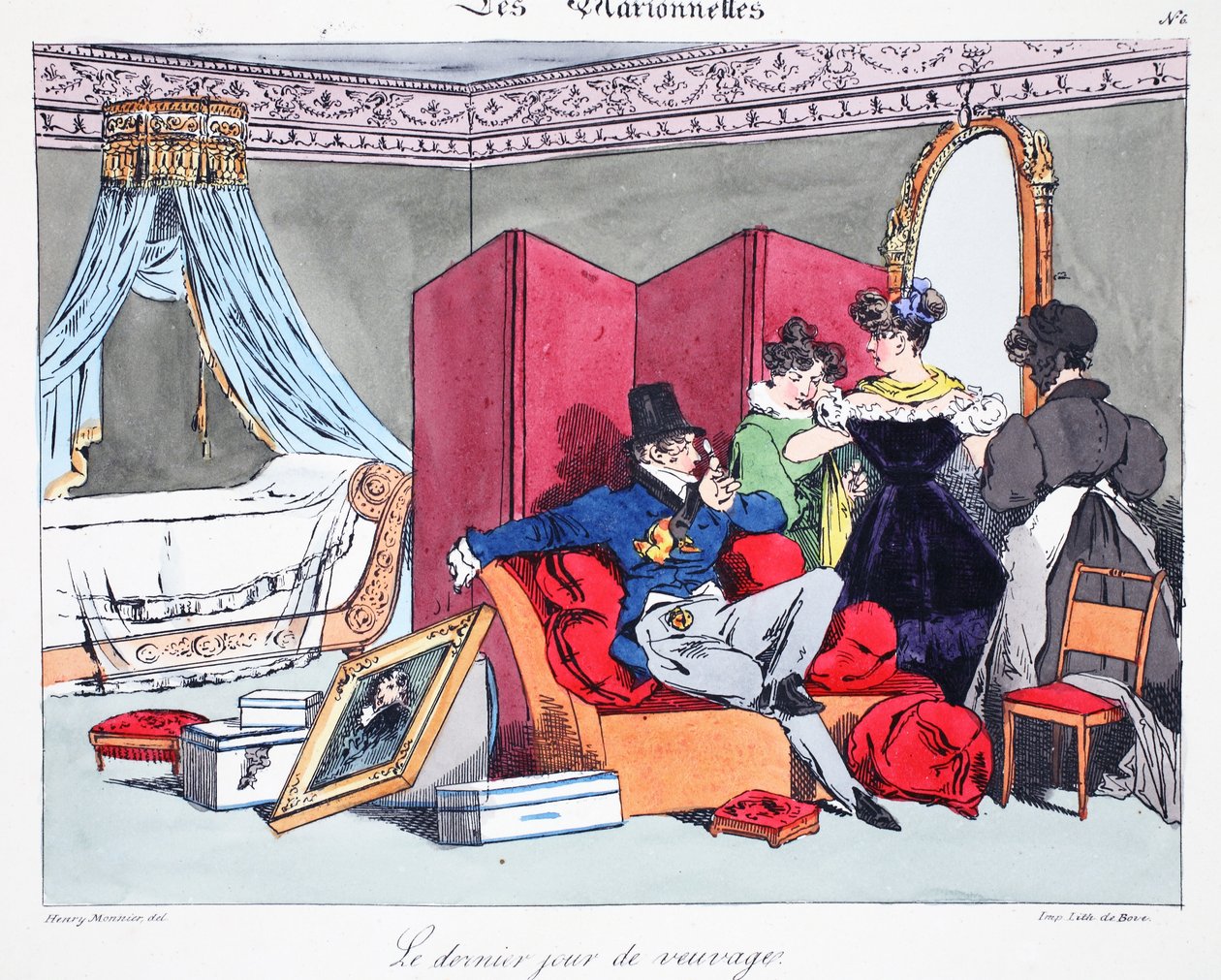 Az özvegység utolsó napja, illusztráció Henri Monnier „Les Marionnettes” című művéből, Delpech litográfiája, pub. Párizs, 1828 körül (kézzel színezett litó) alkotó: Henri Bonaventure Monnier