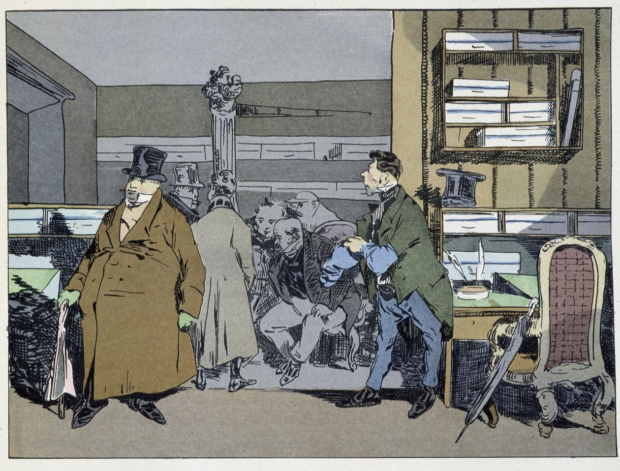 Kilenc óra: alkalmazottak érkezése, jelmezváltás, kis kályhatúra - „Adminisztratív szokásokban” Henri Monnier alkotó: Henri Bonaventure Monnier