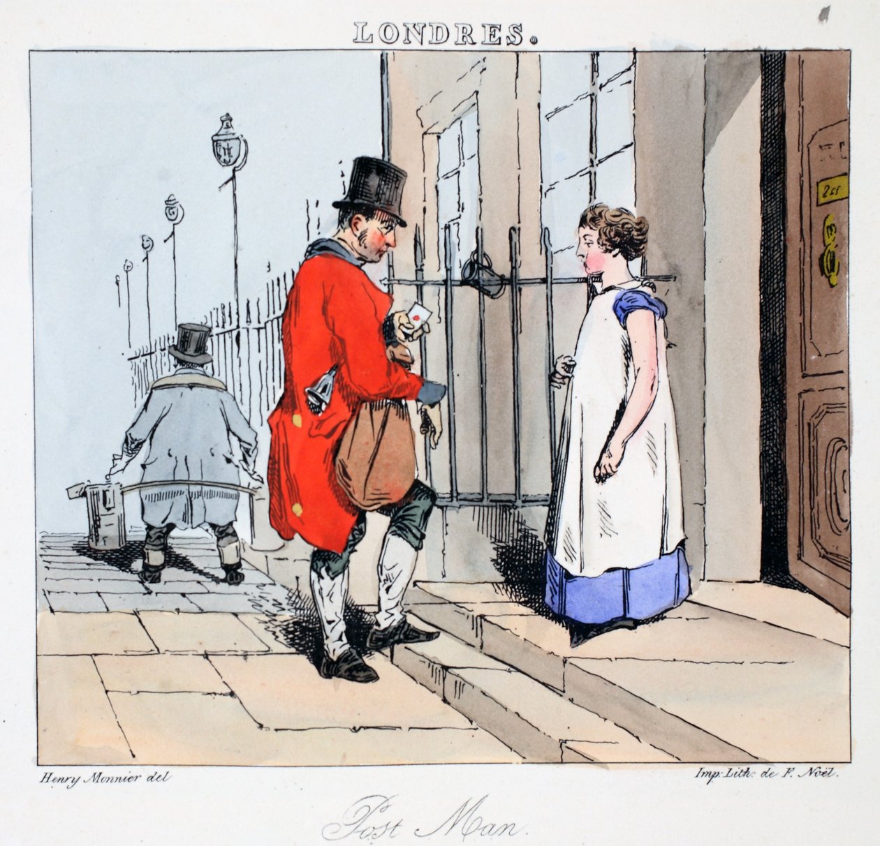Post Man, illusztráció a „Londres”-ból, Henri Monnier, pub. Párizs, 1828 körül (kézzel színezett litó) alkotó: Henri Bonaventure Monnier