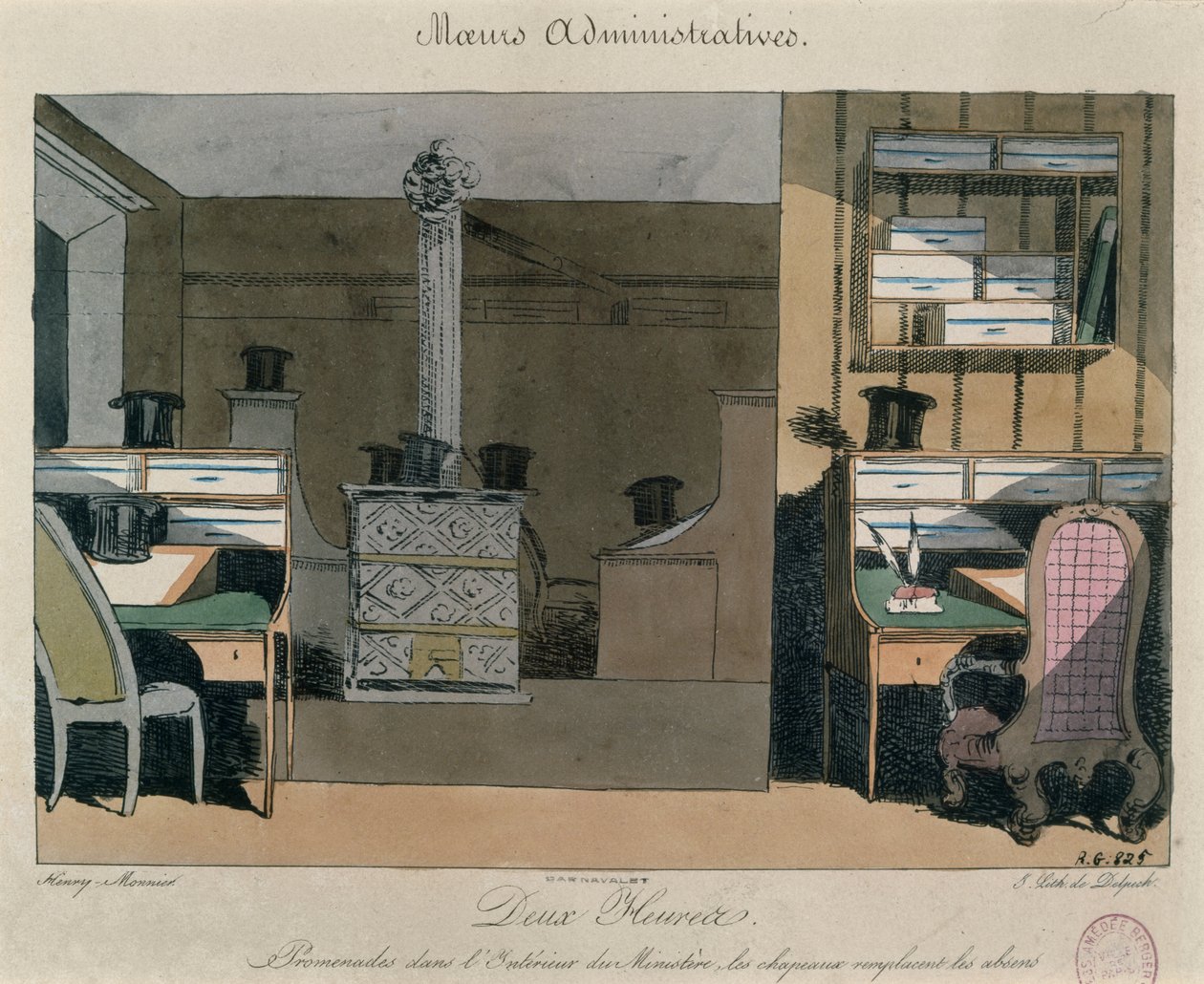 Jelenet egy párizsi irodában ebédszünetben, 1830 körül (színes metszet) alkotó: Henri Bonaventure Monnier