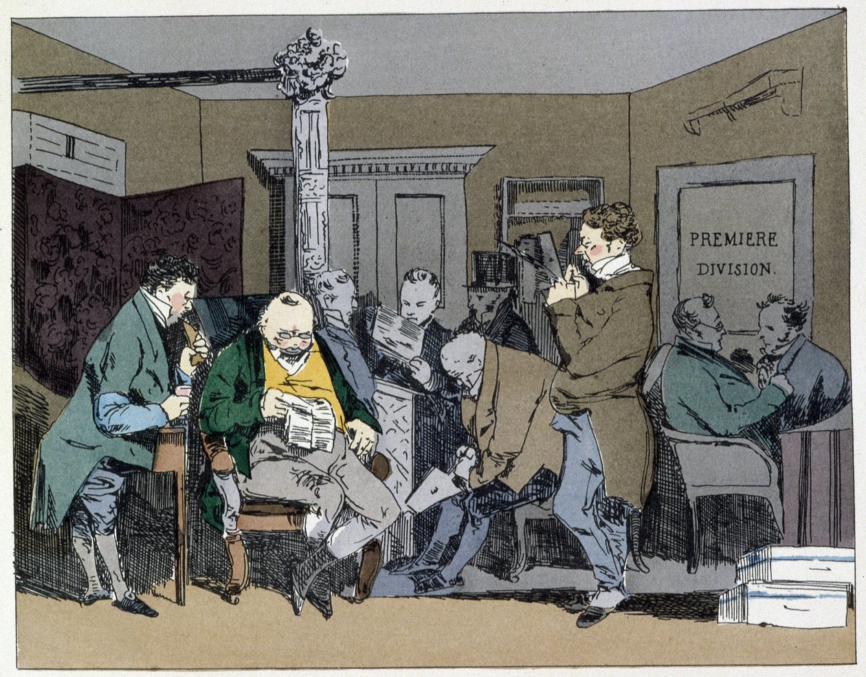 Tíz óra: újságolvasás, ebéd, tollméret – Henri Monnier „Adminisztratív szokásaiban” alkotó: Henri Bonaventure Monnier