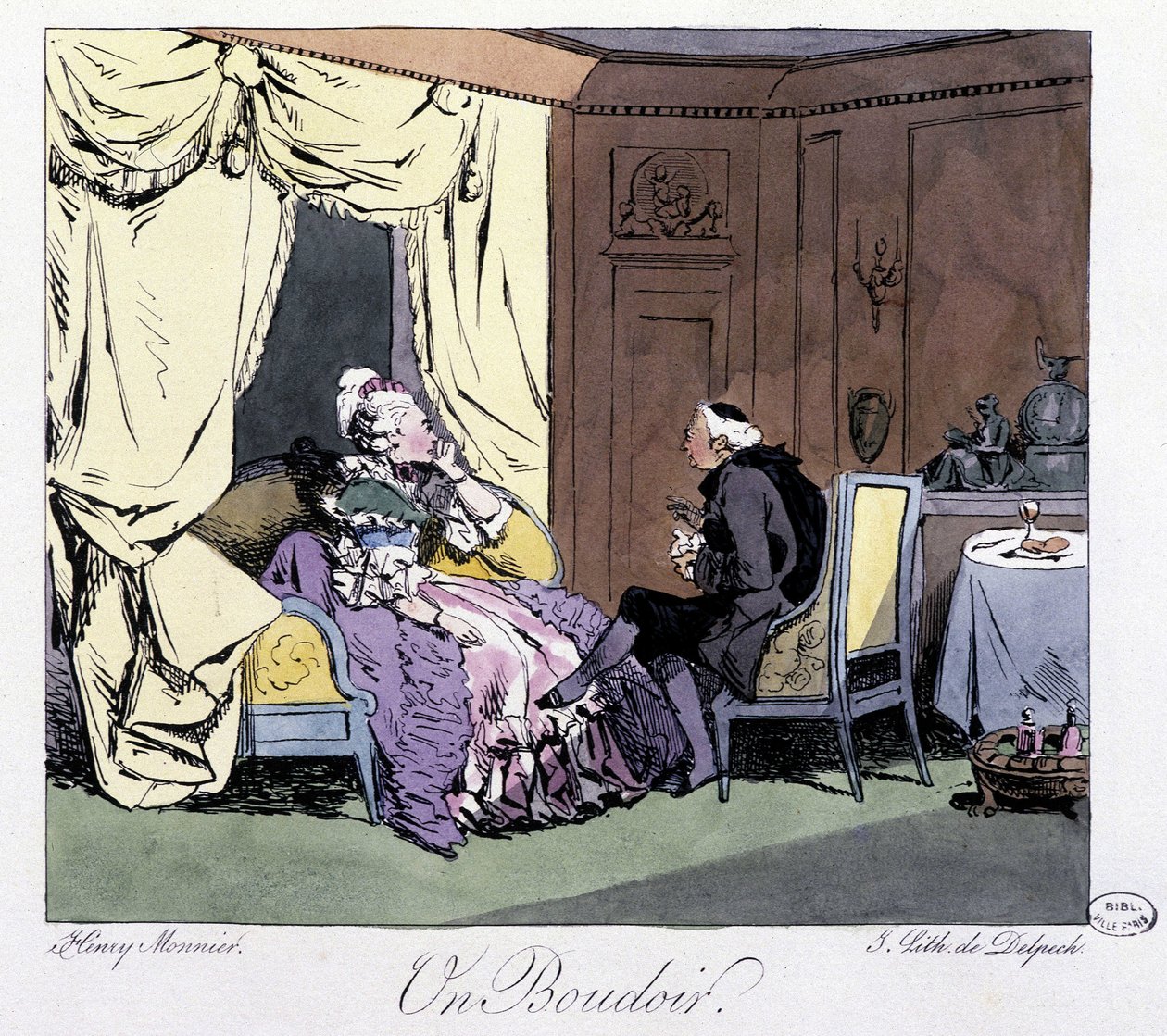 Egy budoár a 18. században - Henri Monnier „Régebben és ma” című kötetében, szerk. Delpech, Párizs alkotó: Henri Bonaventure Monnier