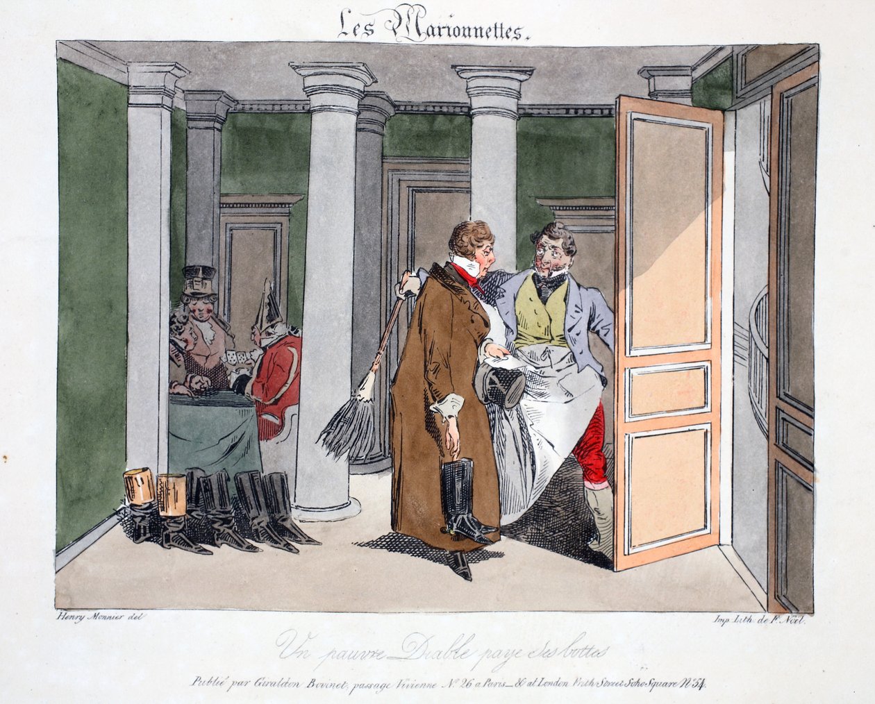 Szegény ördög fizet a csizmáért, illusztráció Henri Monnier „Les Marionnettes” című művéből, litografálta Delpech, kocsma. Párizs, 1828 körül (kézzel színezett litó) alkotó: Henri Bonaventure Monnier