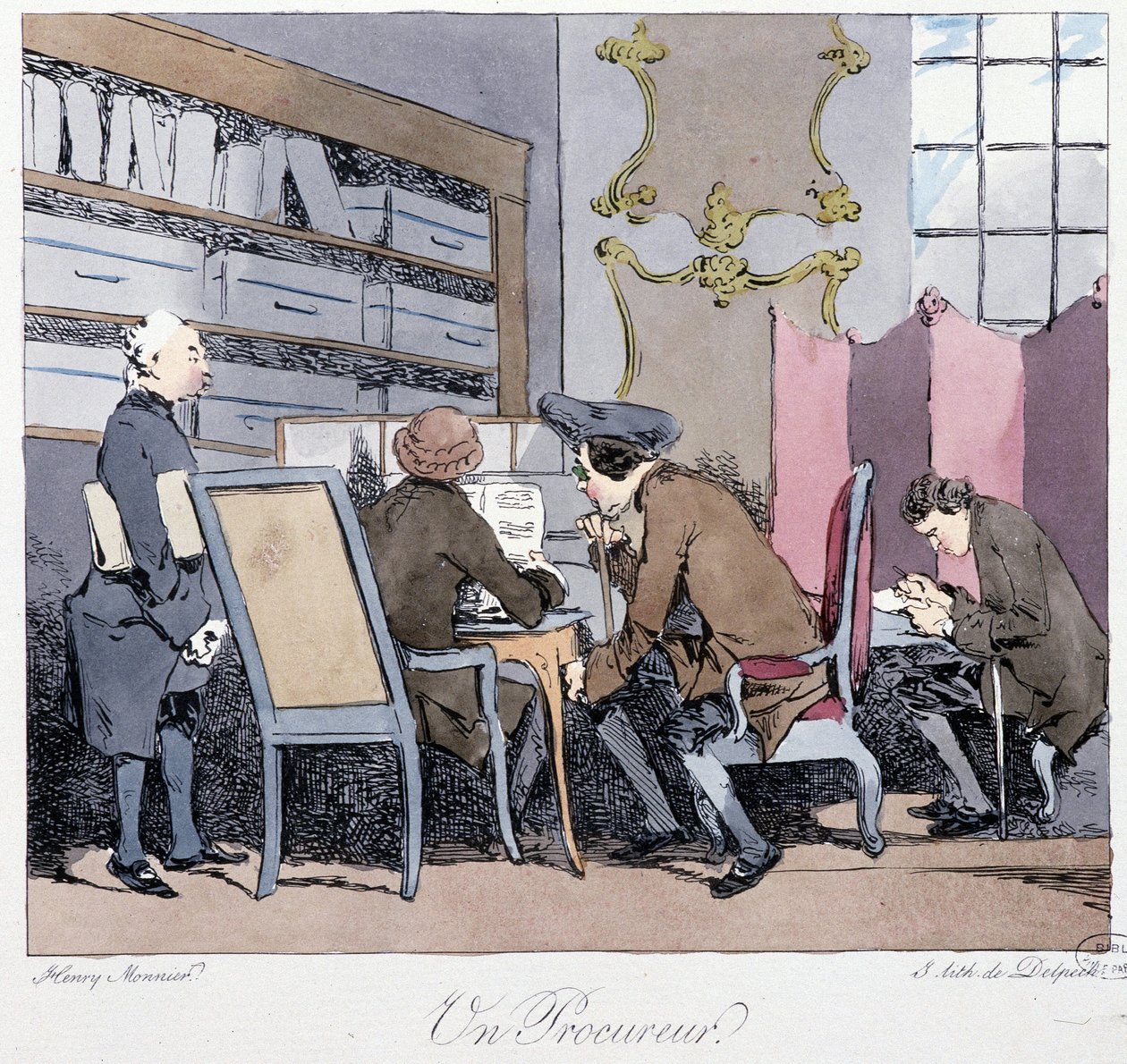 Egy ügyész (négy férfi egy dolgozószobában) - Henri Monnier „Régebben és ma” című könyvében, szerk. Delpech alkotó: Henri Bonaventure Monnier