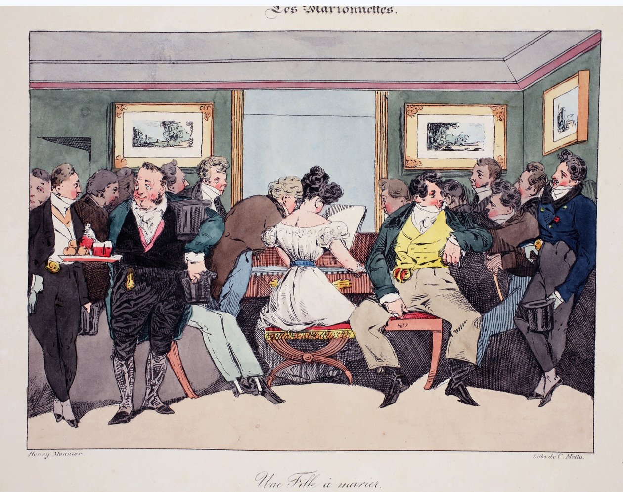 Une fille a marier, illusztráció a „Les Marionnettes”-ből, Henri Monnier, litografálta Delpech, pub. Párizs, 1828 körül (kézzel színezett litó) alkotó: Henri Bonaventure Monnier