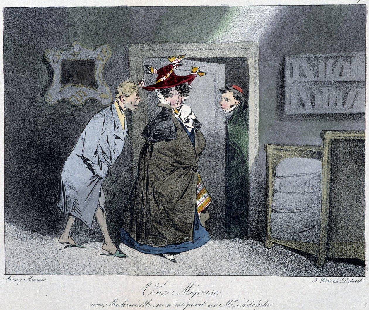 Félreértés: „” Nem, kisasszony, nincs itt, Monsieur Rodolphe”” – Henri Monnier „” párizsi vázlatokban” – a szerk. Delpech, Párizs alkotó: Henri Bonaventure Monnier