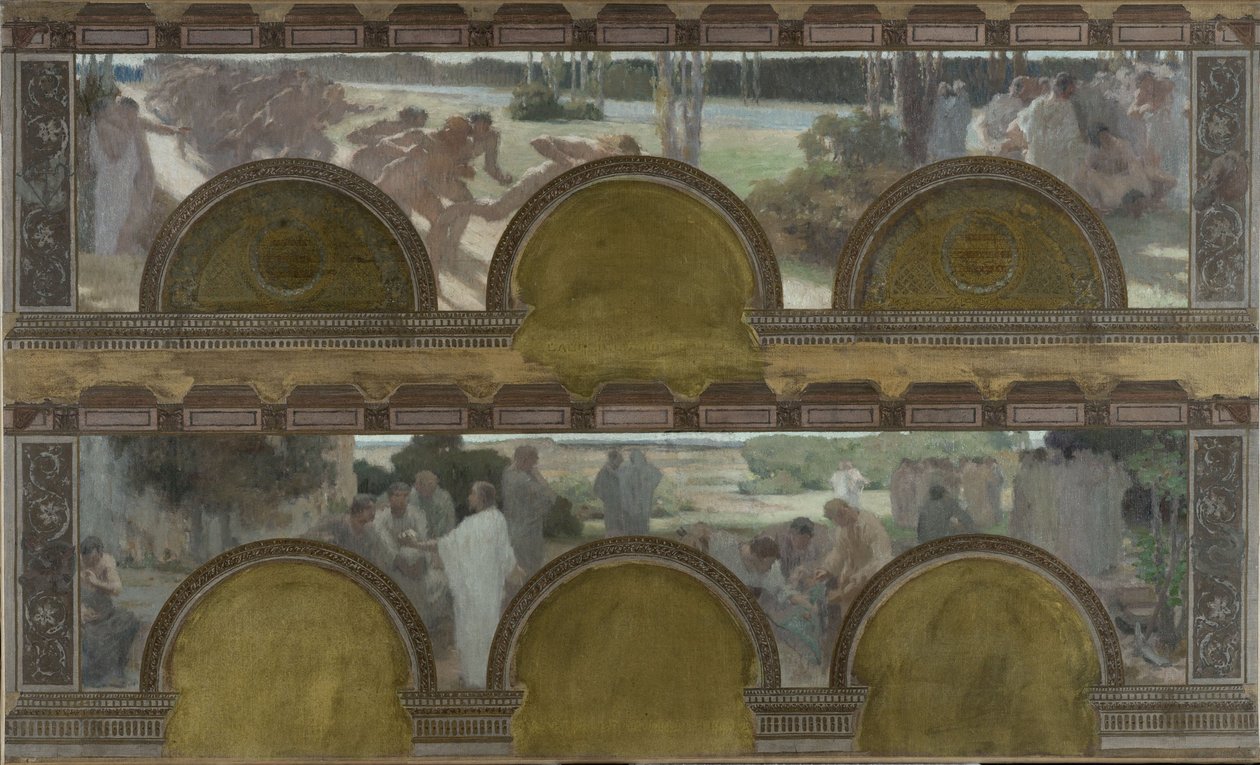 A párizsi Hôtel de Ville de Paris északi bejárati szalonjának vázlata: testmozgás, szellemi gyakorlatok alkotó: Henri Bonis