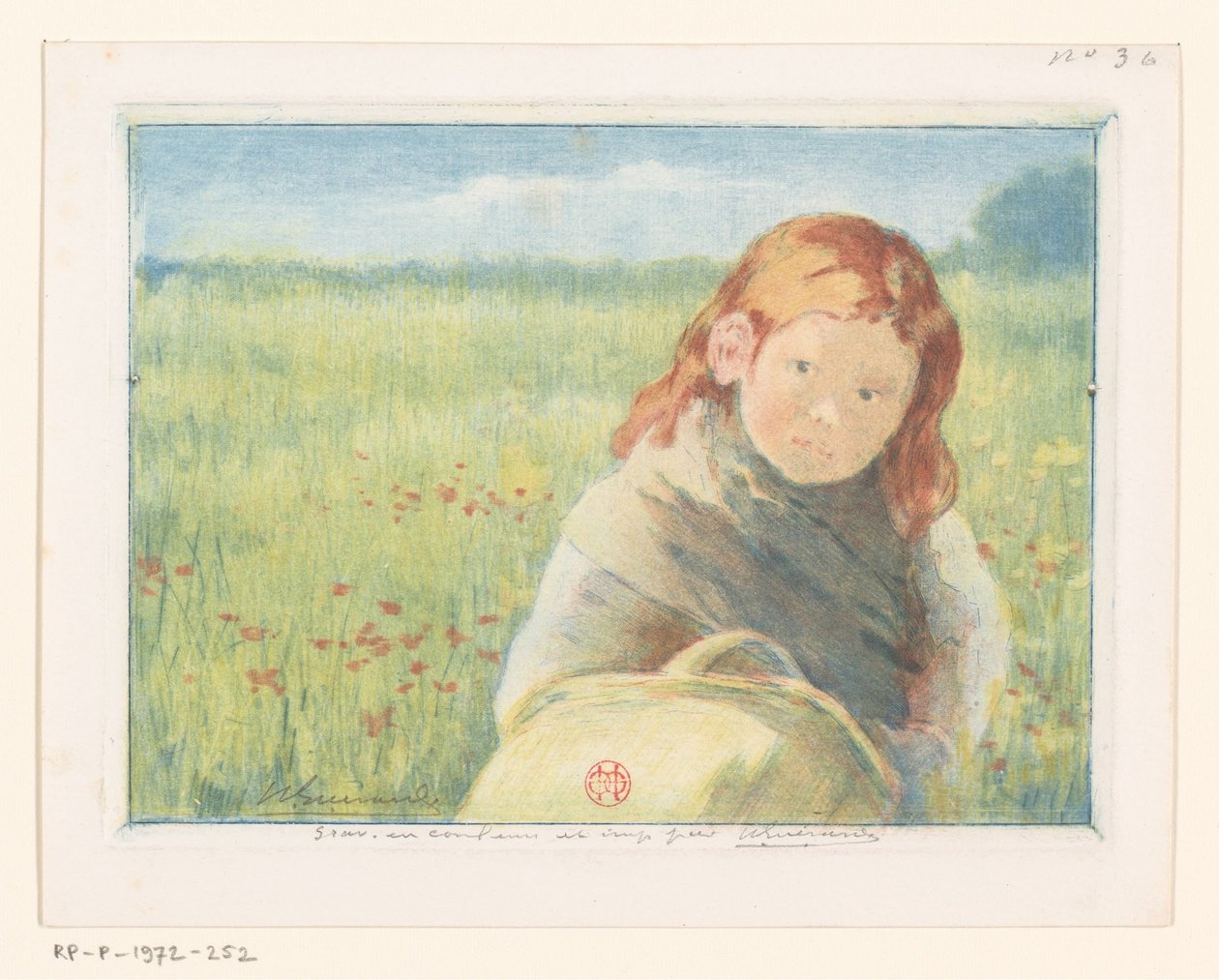 Lány kosárral a virágos réten alkotó: Henri Charles Guérard (signed by artist)