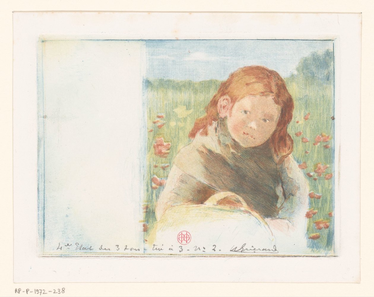 Lány kosárral a virágos réten alkotó: Henri Charles Guérard (signed by artist)
