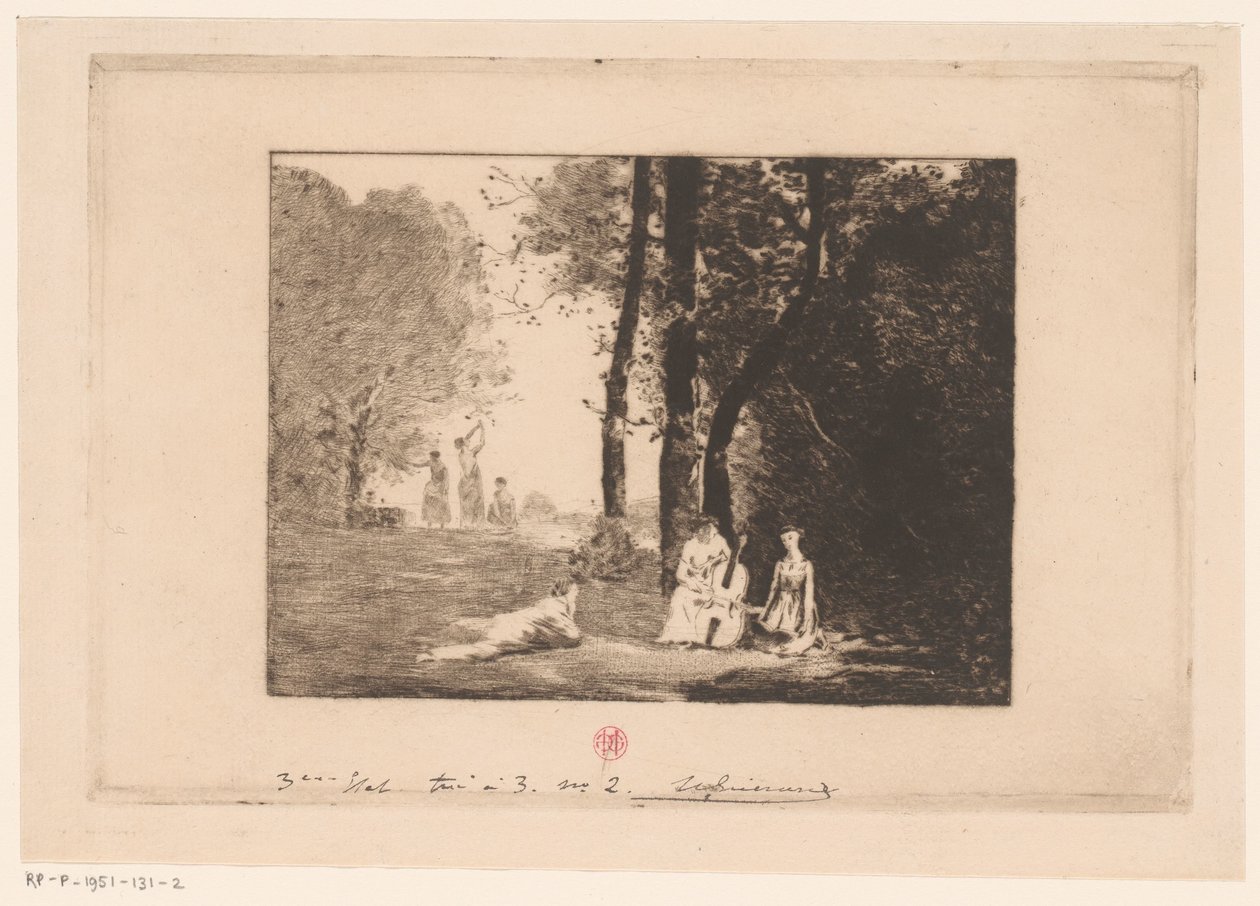 Nők zenélnek egy fa alatt alkotó: Henri Charles Guérard (signed by artist)