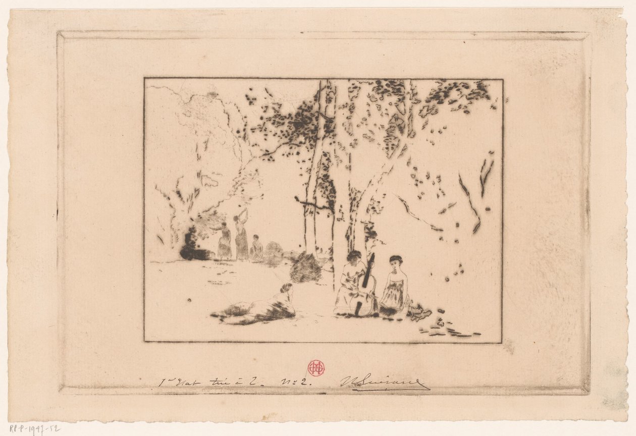 Nők zenélnek egy fa alatt alkotó: Henri Charles Guérard (signed by artist)