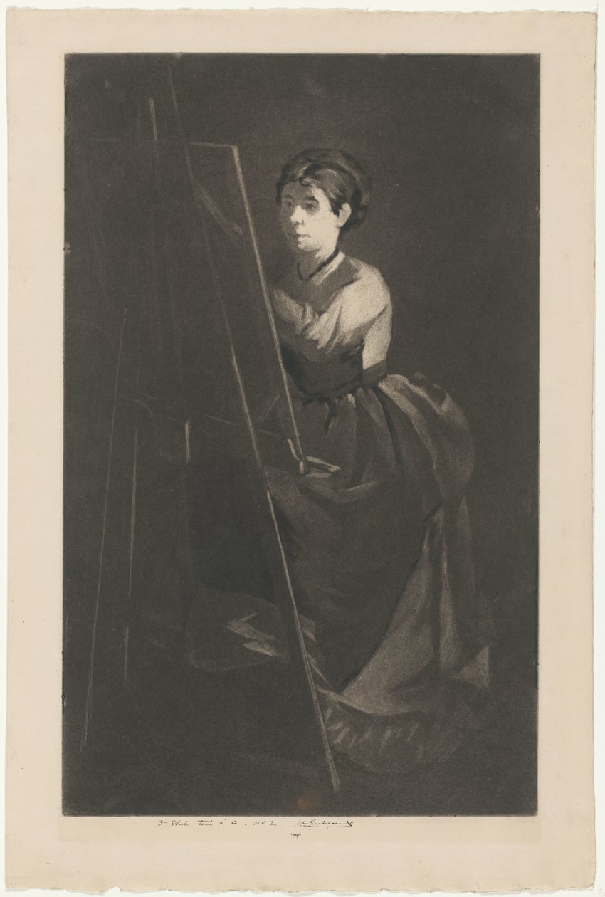 Eva Gonzalès portréja festőállvány előtt alkotó: Henri Charles Guérard (signed by artist)