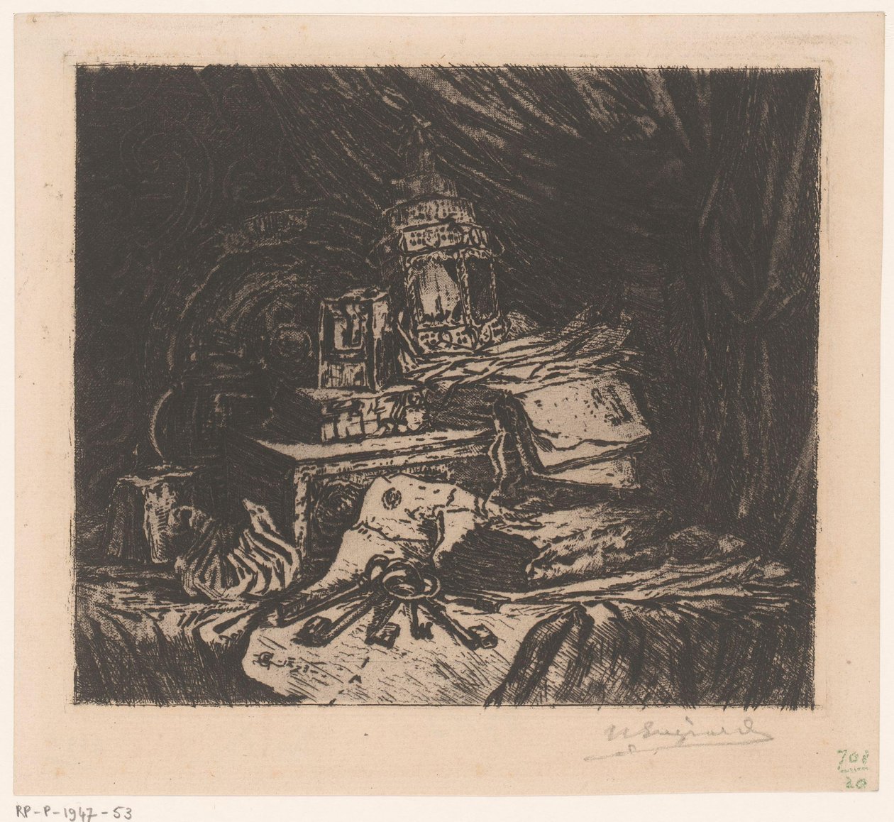 Csendélet kulcsokkal és lámpással alkotó: Henri Charles Guérard (signed by artist)
