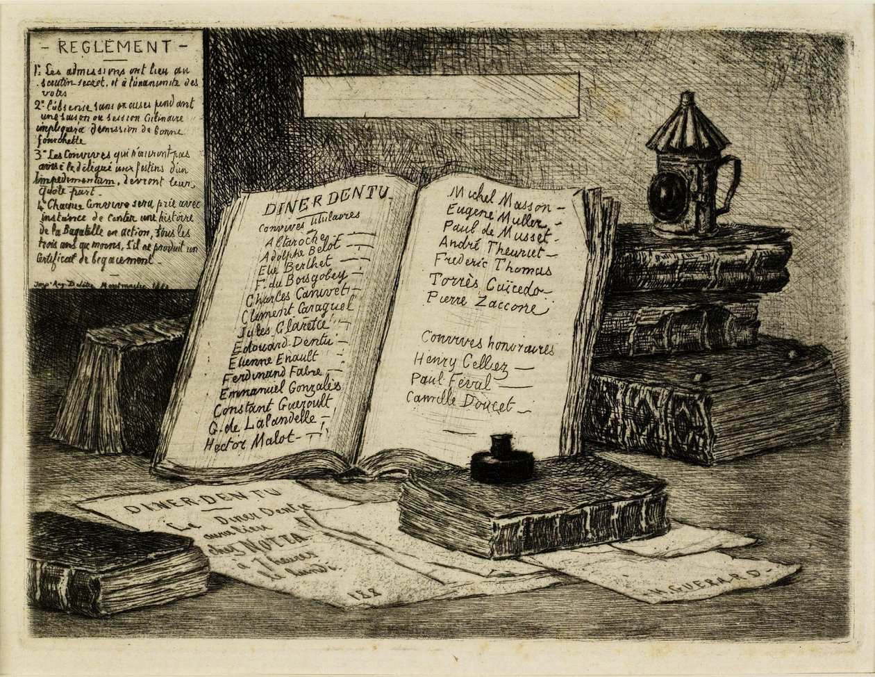 Bouquins et lanterne (Könyvek és lámpás), 1880 (rézkarc, szárazhús) alkotó: Henri Charles Guérard