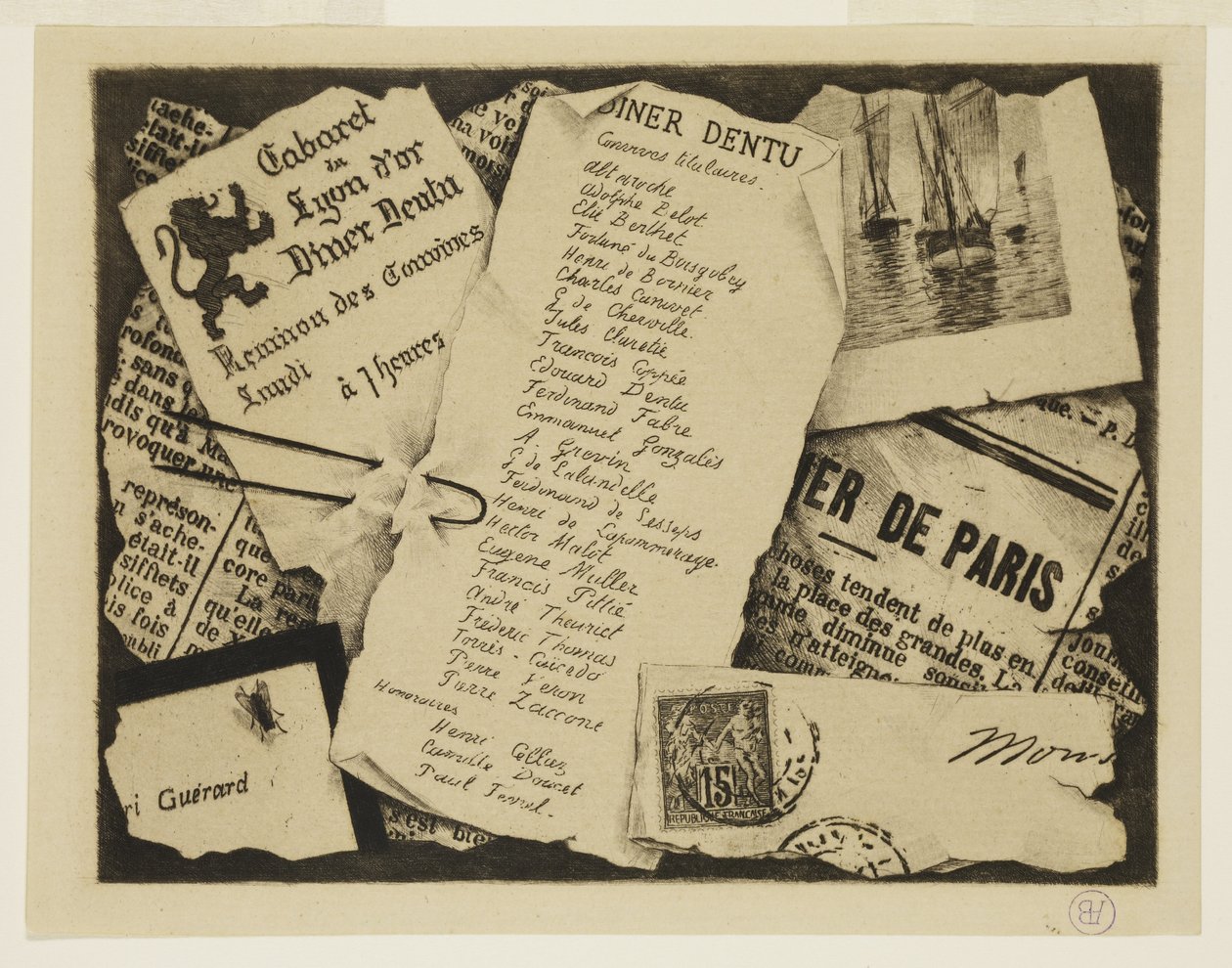 Egy darab újság, egy boríték és egy légy alkotó: Henri Charles Guérard