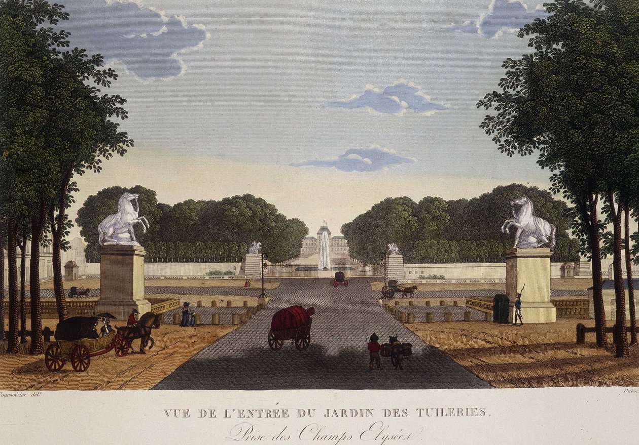 A Tuileries-kert bejárata, kilátással a Champs-Elysées-re, 1820 körül - Courvoisier „” Vues de Paris”-jában alkotó: Henri Courvoisier Voisin