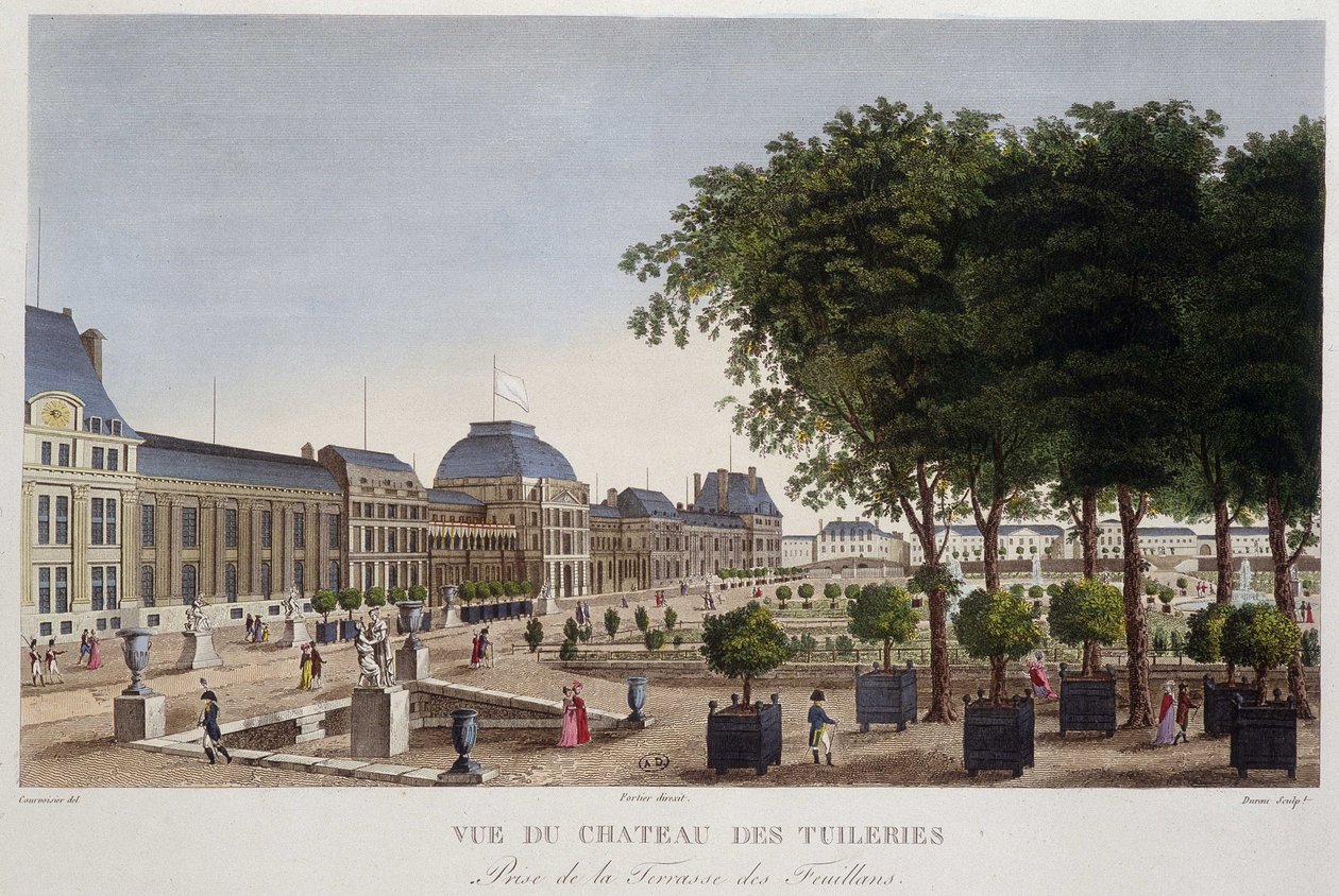A kert és a Chateau des Tuileries a Les Feuillans teraszáról látható. Courvoisier metszet alkotó: Henri Courvoisier Voisin