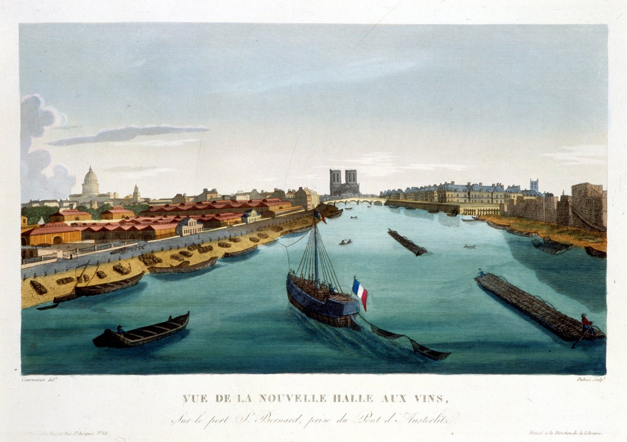 Az új borcsarnok (Bercy), 1820 körül Courvoisier 1827 „Párizsi kilátásai” című művében. alkotó: Henri Courvoisier Voisin