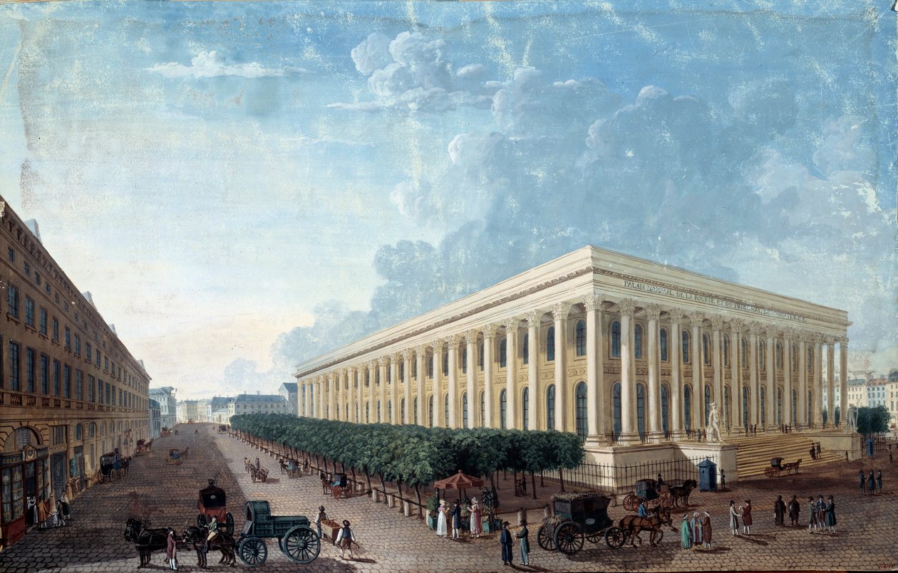 A tőzsde és a párizsi Place de la Bourse. (Festmény, v.1800) alkotó: Henri Courvoisier Voisin