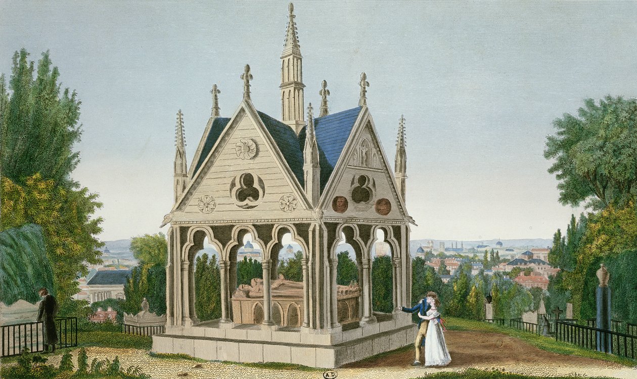 Heloise és Abelard sírja a Pere Lachaise temetőben, 1815-20 (színes metszet) alkotó: Henri Courvoisier Voisin
