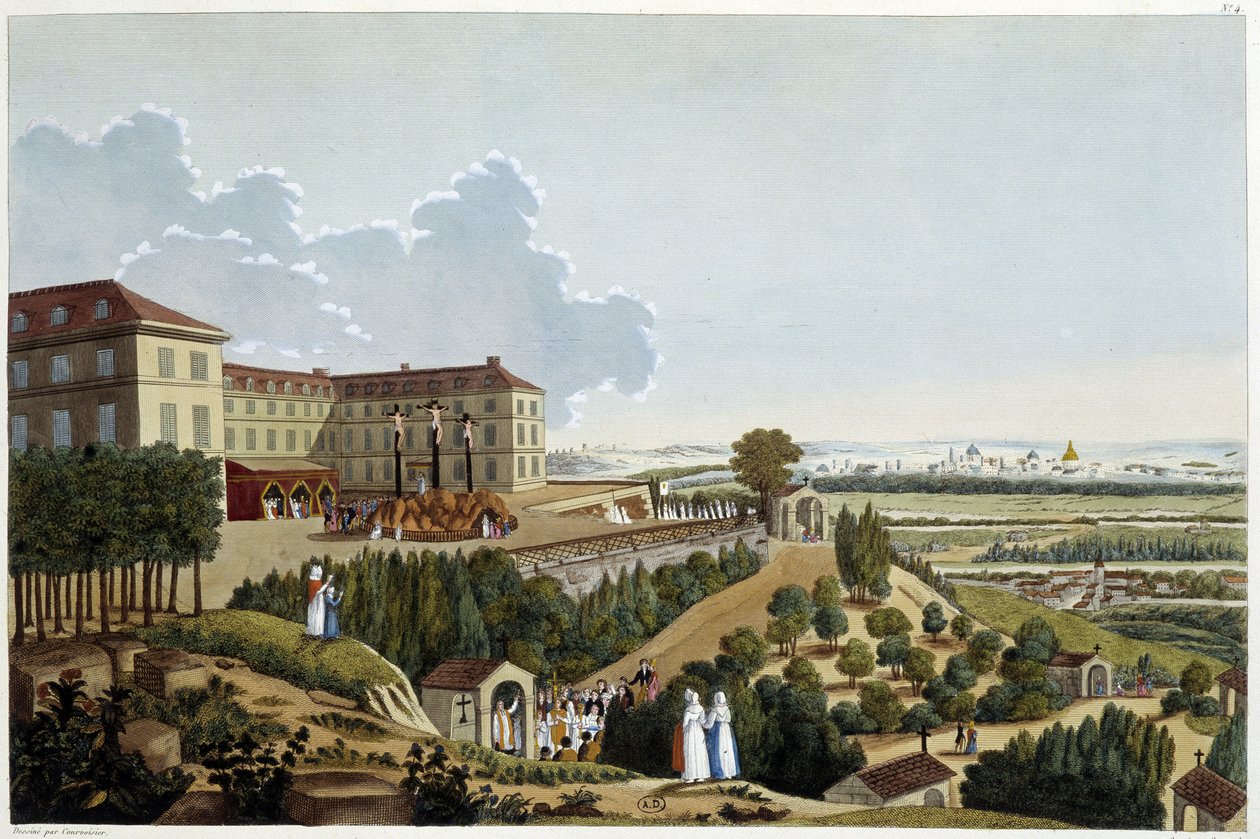 Kilátás a Kálváriára, a Ste Croix ünnepei alatt, Suresnes-ben - Courvoisier „” Vues de Paris”-jában alkotó: Henri Courvoisier Voisin