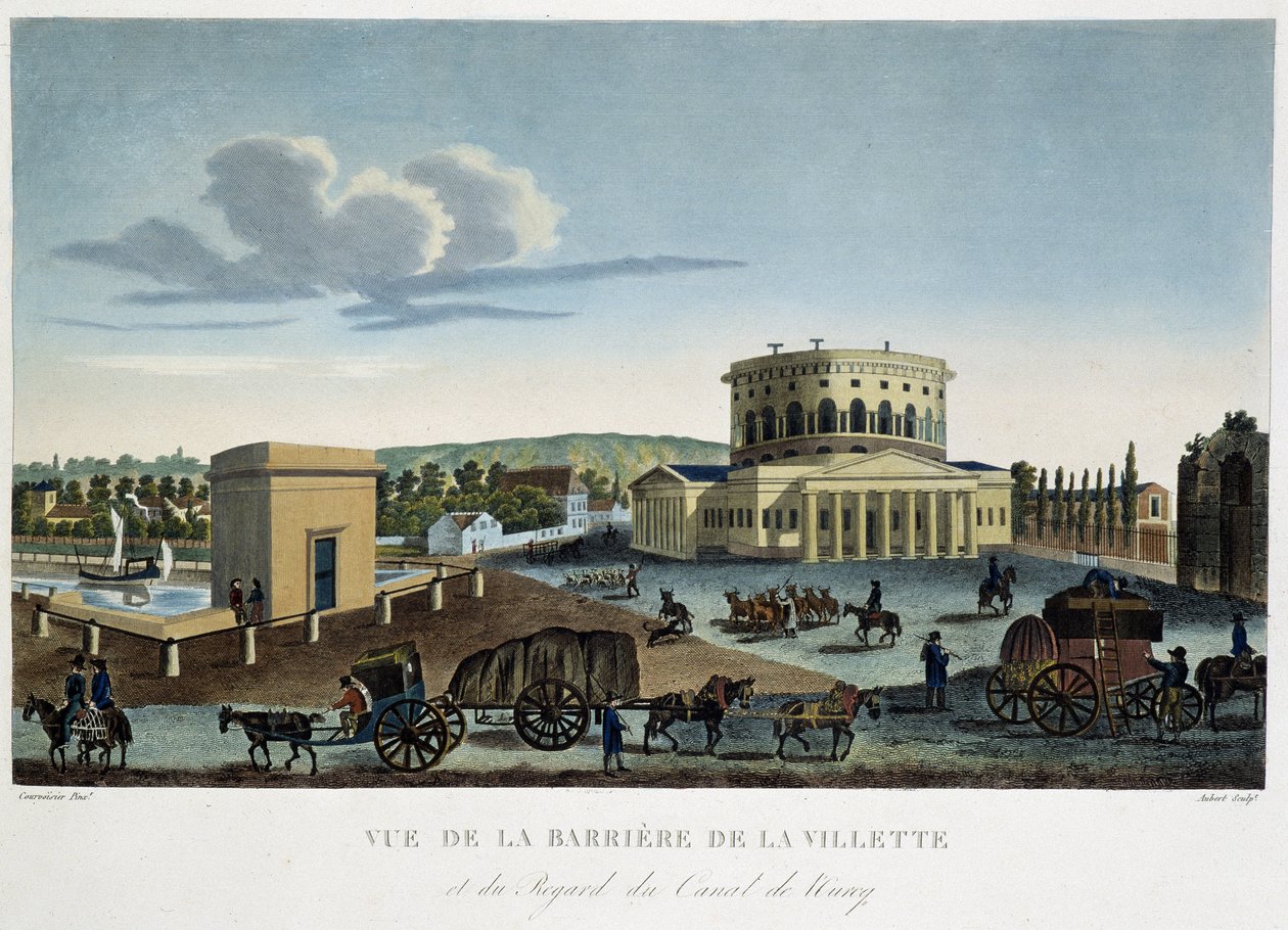 Kilátás a Barrier de la Villette-re – a „” Párizsi nézetben, 1810 körül: Les Barriers de Paris”, készítette Courvoisier alkotó: Henri Courvoisier Voisin