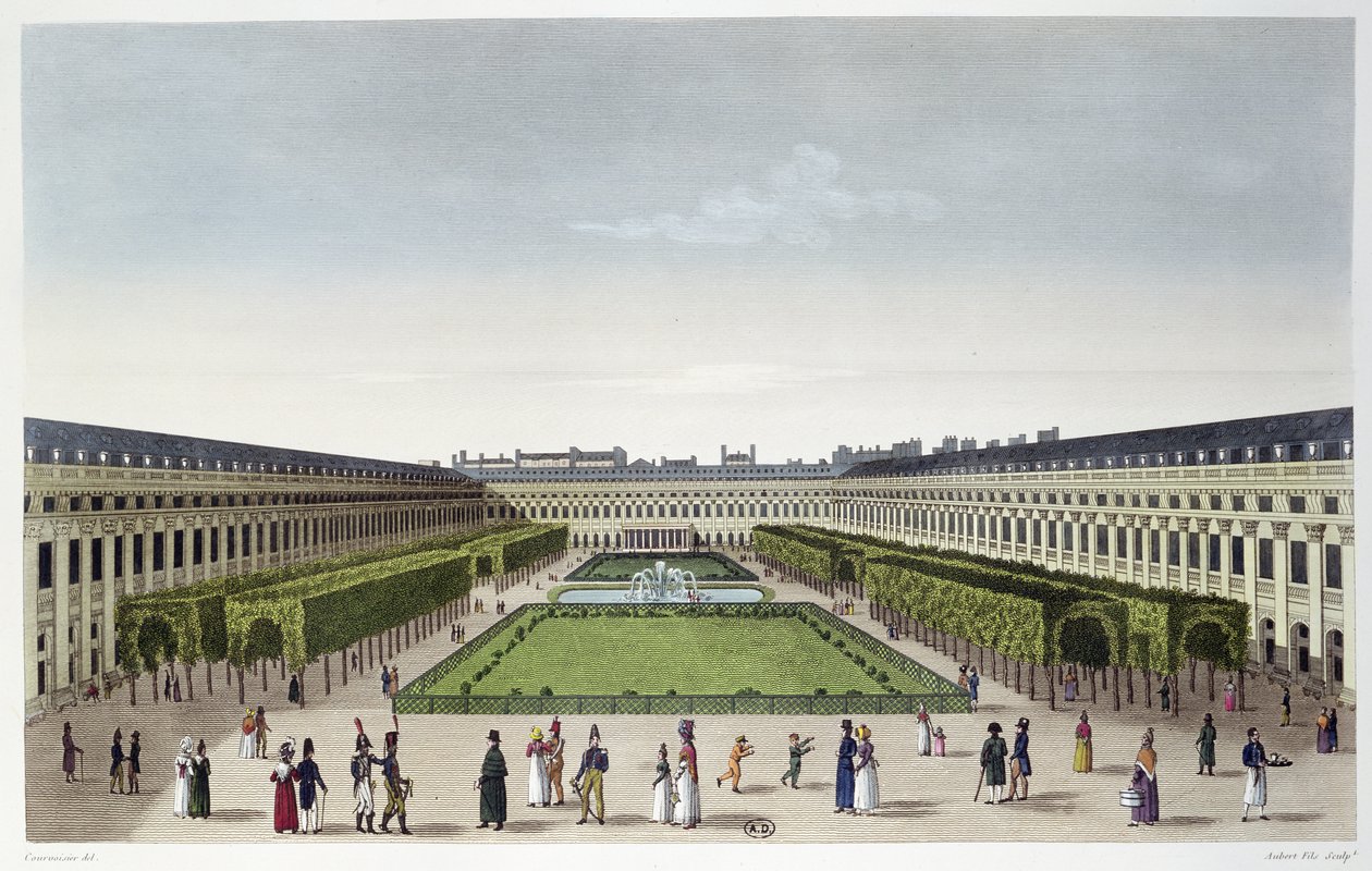 Kilátás a Palais Royal kertjére, a Galeries de Bois-ból nézve, Aubert Fils metszetében, 1815-20 körül alkotó: Henri Courvoisier Voisin